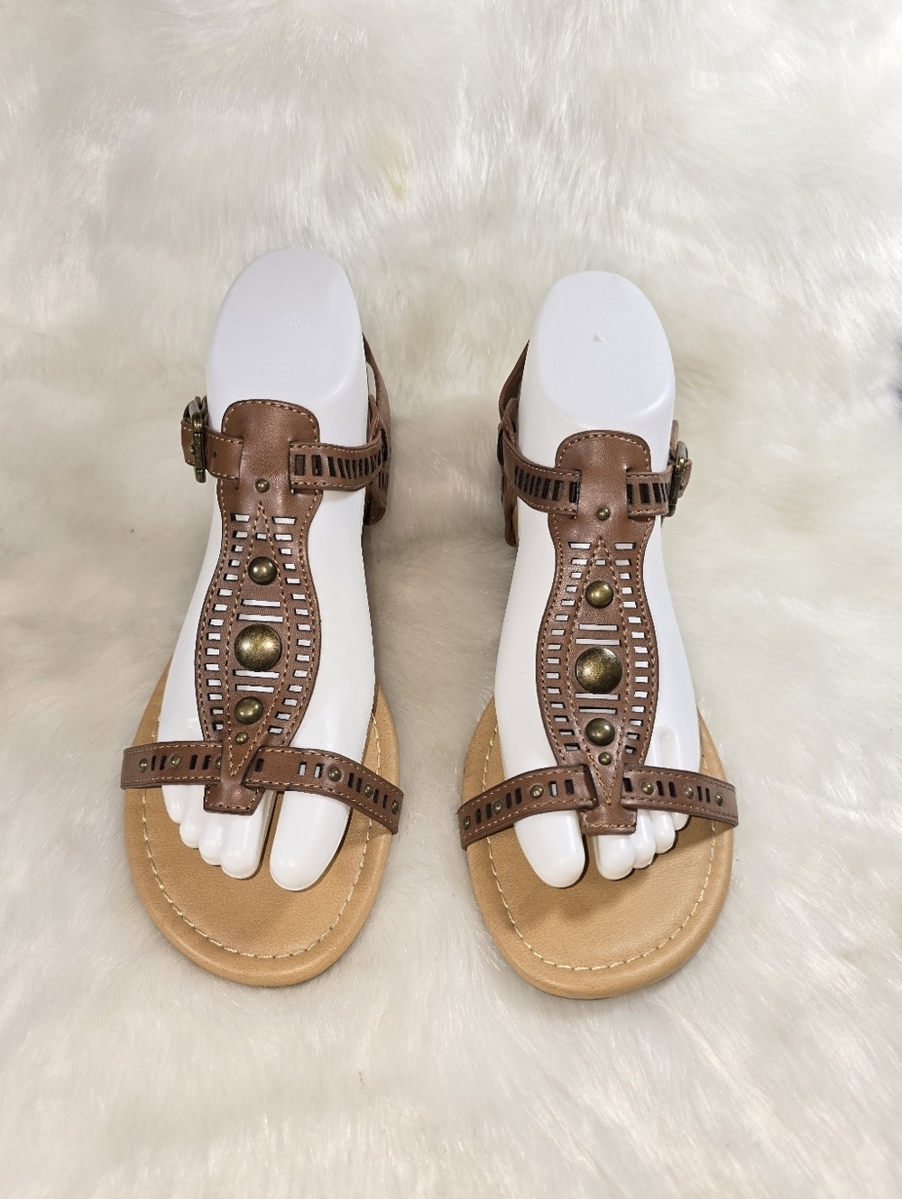 Curfew Norca Women’s Brown T-strap Studded/ Laser-cut Sandals